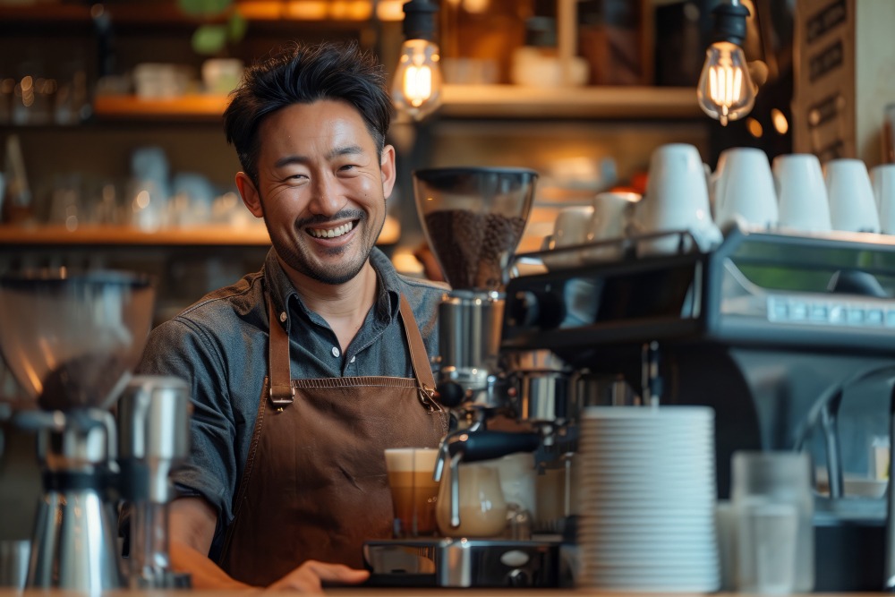 Cheerful barista celebrating increased bar profits
